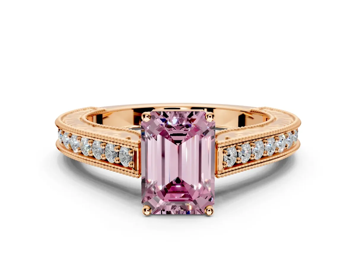 Solitaire Engagement Ring Setting for Fancy Pink Emerald Cut Center with Engraved Pave Band and Prong Head in Rose Gold