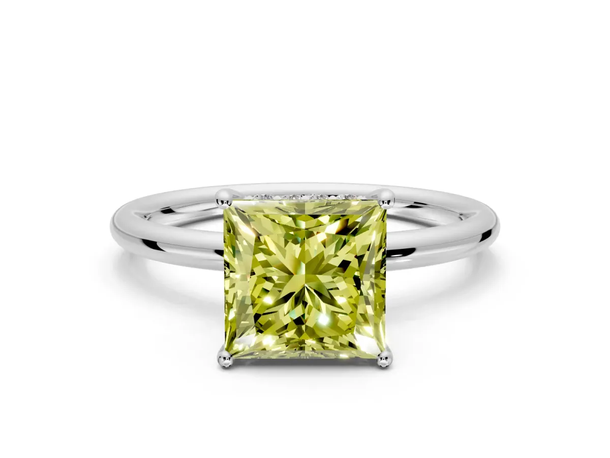 Solitaire Engagement Ring Setting for Fancy Yellow Princess Cut Center with Plain Band, Open Basket and Prong Head in Sterling Silver