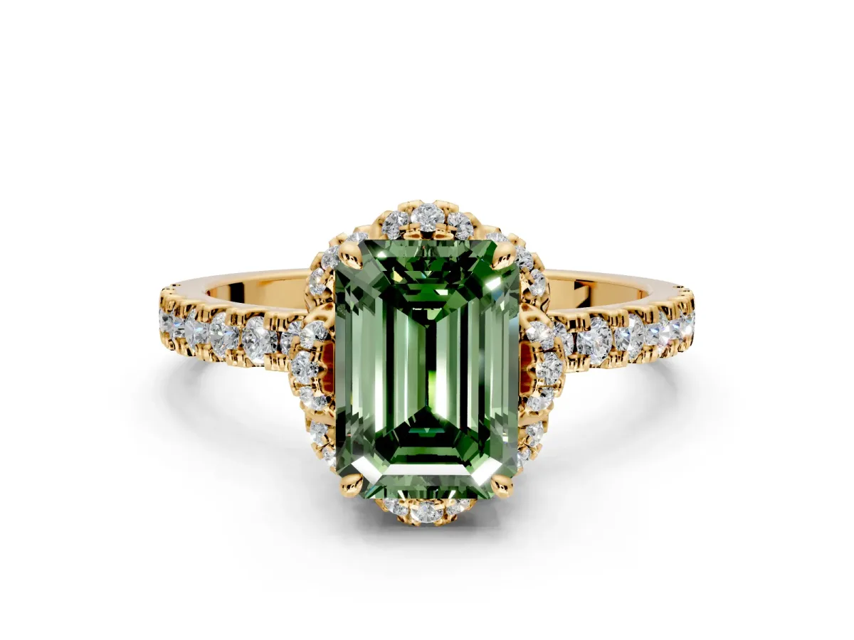 Halo Engagement Ring Setting for Fancy Green Emerald Cut Center with Openwork Halo, Pave Band and Prong Head in Yellow Gold