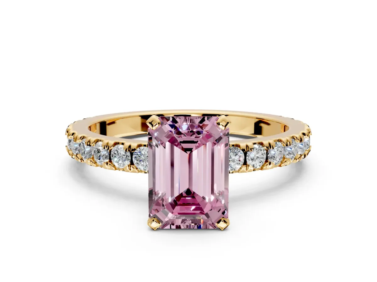 Solitaire Engagement Ring Setting for Fancy Pink Emerald Cut Center with Fine Pave Band and Claw Prong Head in Yellow Gold