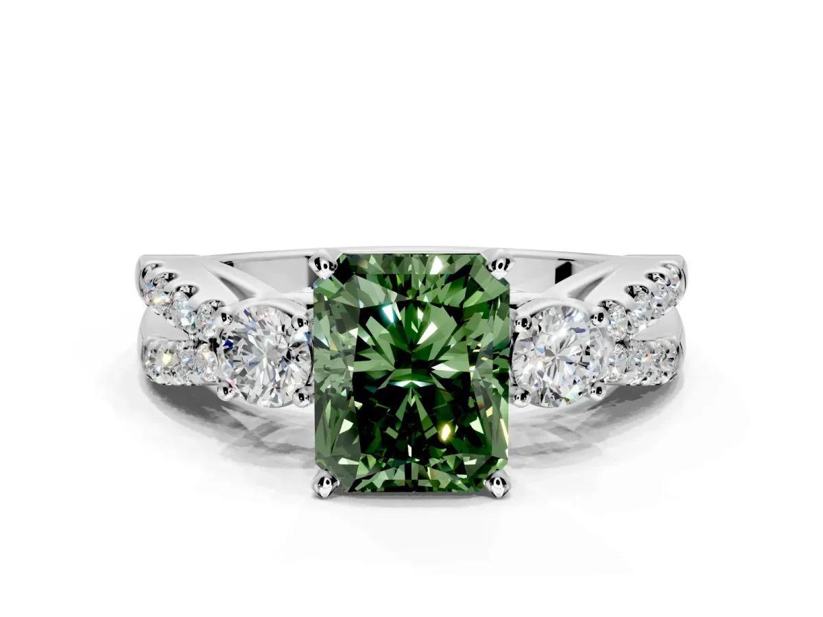 3 Stone Engagement Ring Setting for Fancy Green Radiant Cut Center with Pave Split Shank and Prong Head in Sterling Silver
