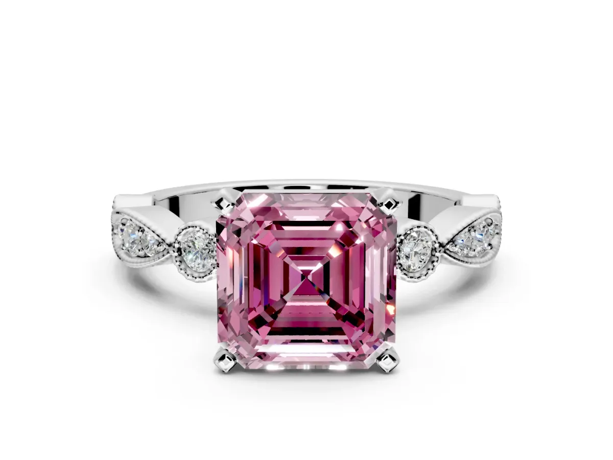 Solitaire Engagement Ring Setting for Fancy Pink Asscher Cut Center with Milgrain Bezel Accents and Prong Head in Platinum