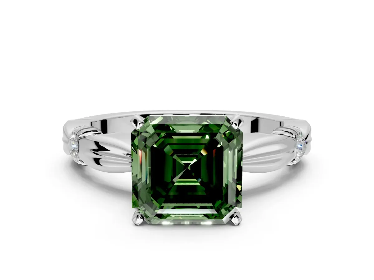 Solitaire Engagement Ring Setting for Fancy Green Asscher Cut Center with Carved Leaf Shoulders and Prong Head in Platinum