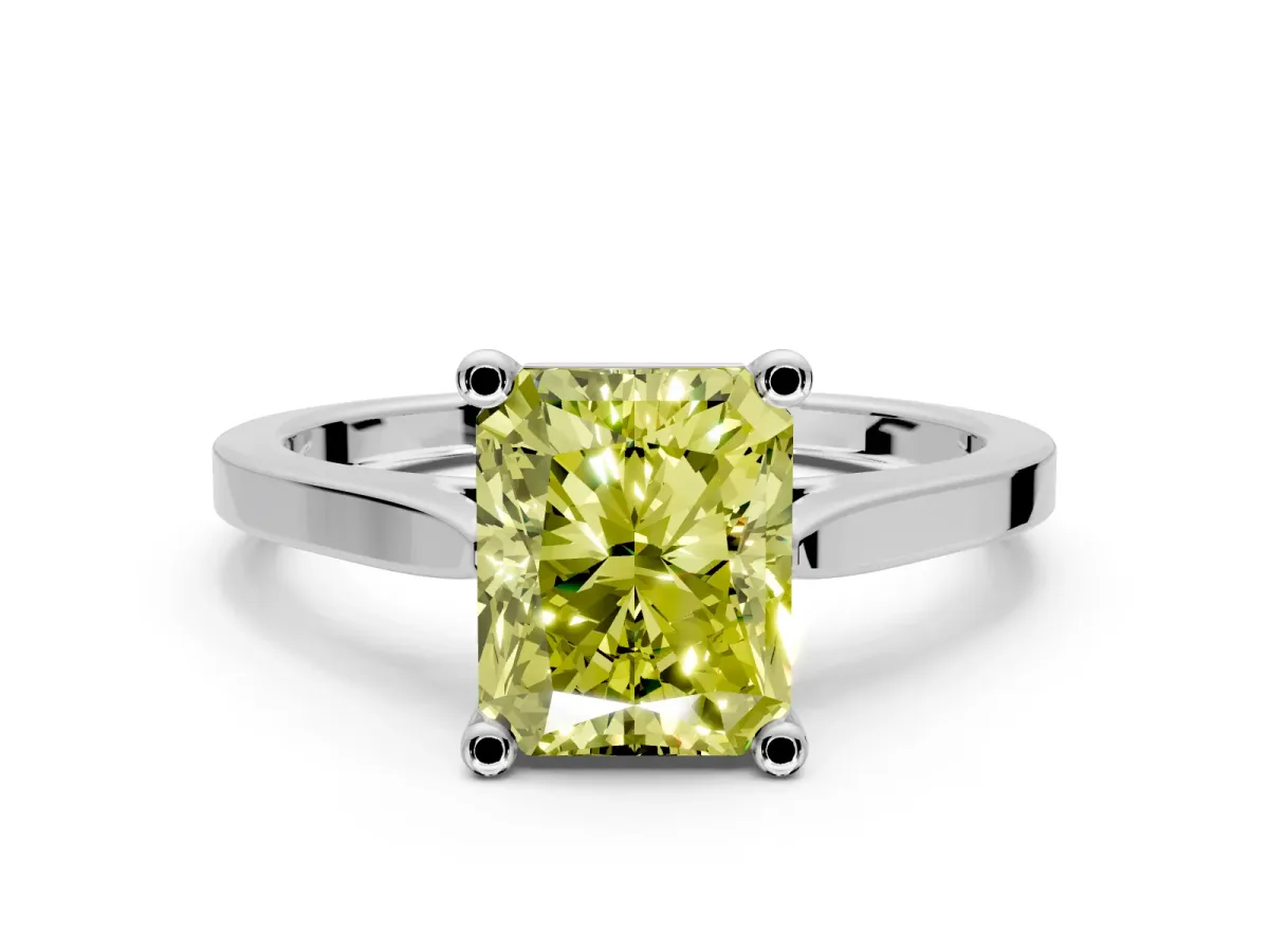Solitaire Engagement Ring Setting for Fancy Yellow Radiant Cut Center with Tapered Shoulders and Prong Head in White Gold