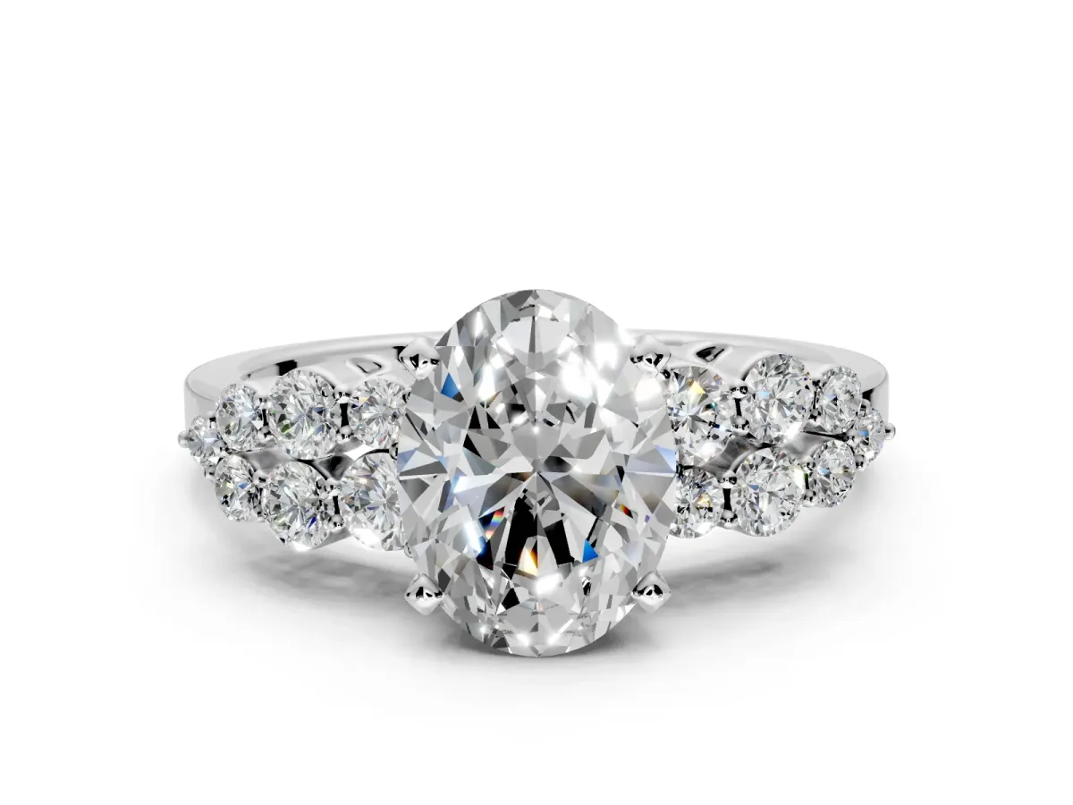 Cluster Engagement Ring Setting for Oval Center with 2-Row Shoulder Clusters and Prong Head in Platinum
