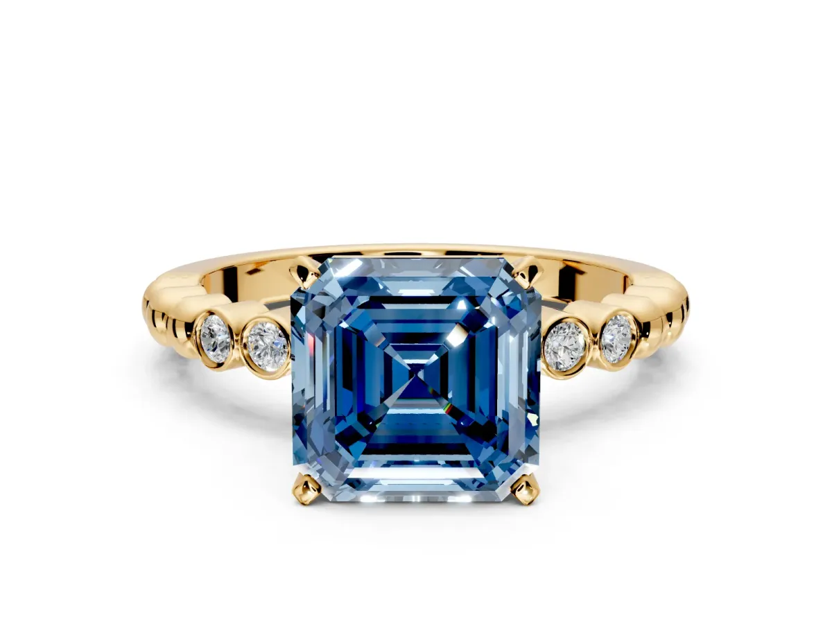 Solitaire Engagement Ring Setting for Fancy Blue Asscher Cut Center with Bezel-Dot Beaded Band and Prong Head in Yellow Gold