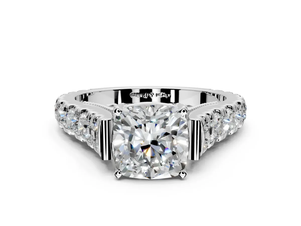 Solitaire Engagement Ring Setting for Cushion Cut Center with Pave Cathedral Shoulders and Prong Head in White Gold