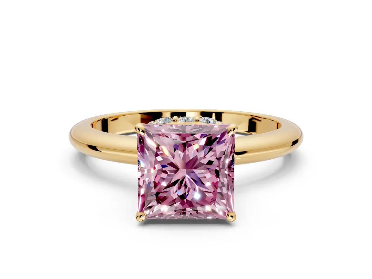Hidden Halo Engagement Ring Setting for Fancy Pink Princess Cut Center with Plain Rounded Band and Prong Head in Yellow Gold