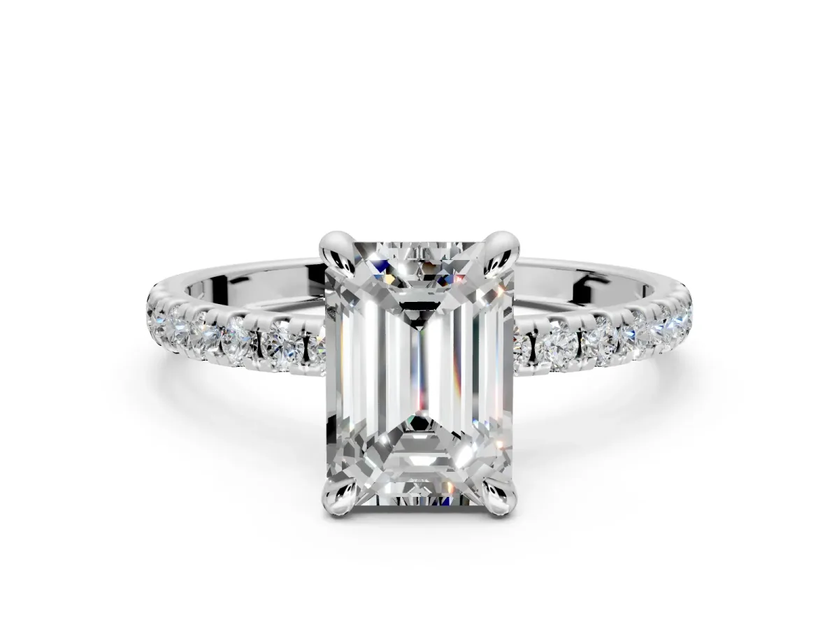 Solitaire Engagement Ring Setting for Emerald Cut Center with Fine Pave Narrow Band and Prong Head in Platinum