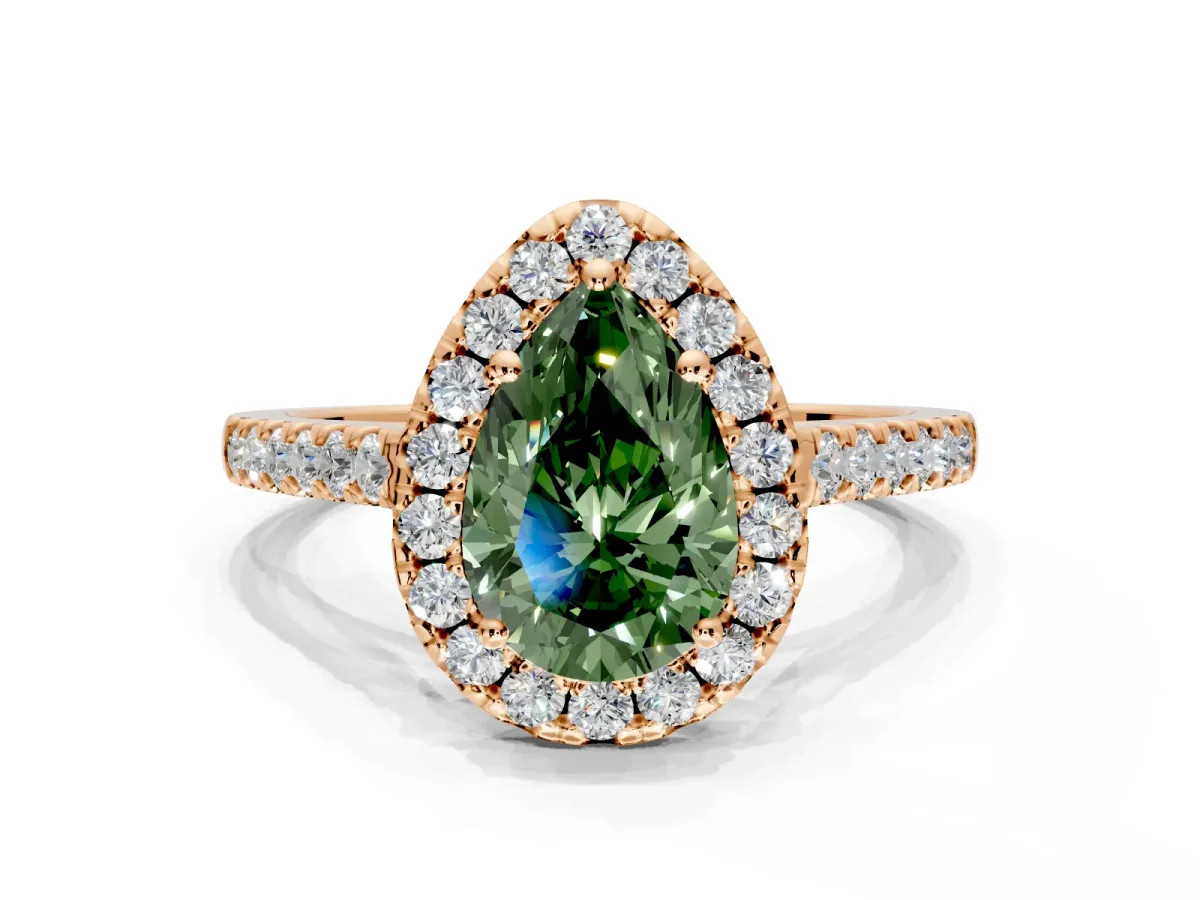 Halo Engagement Ring Setting for Fancy Green Pear-Shaped Center with Narrowing Pave Band and Prong Head in Rose Gold