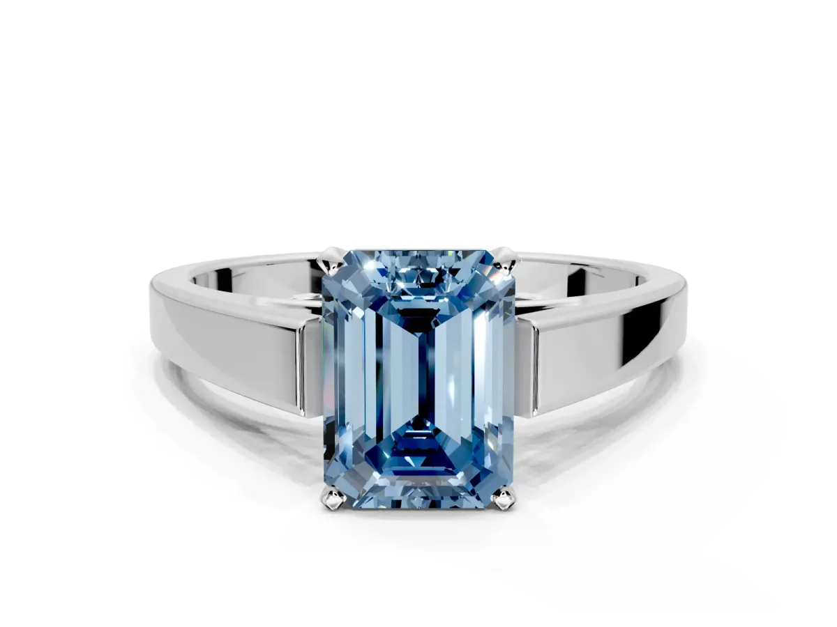 Solitaire Engagement Ring Setting for Fancy Blue Emerald Cut Center with Tapered Split Shoulders and Prong Head in Sterling Silver