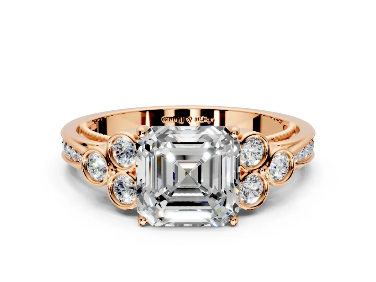 Cluster Engagement Ring Setting for Asscher Cut Center with Bezel Accent Clusters and Prong Head in Rose Gold