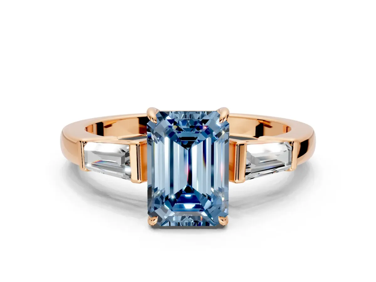 3 Stone Engagement Ring Setting for Fancy Blue Emerald Cut Center with Baguette Accents and Prong Head in Rose Gold