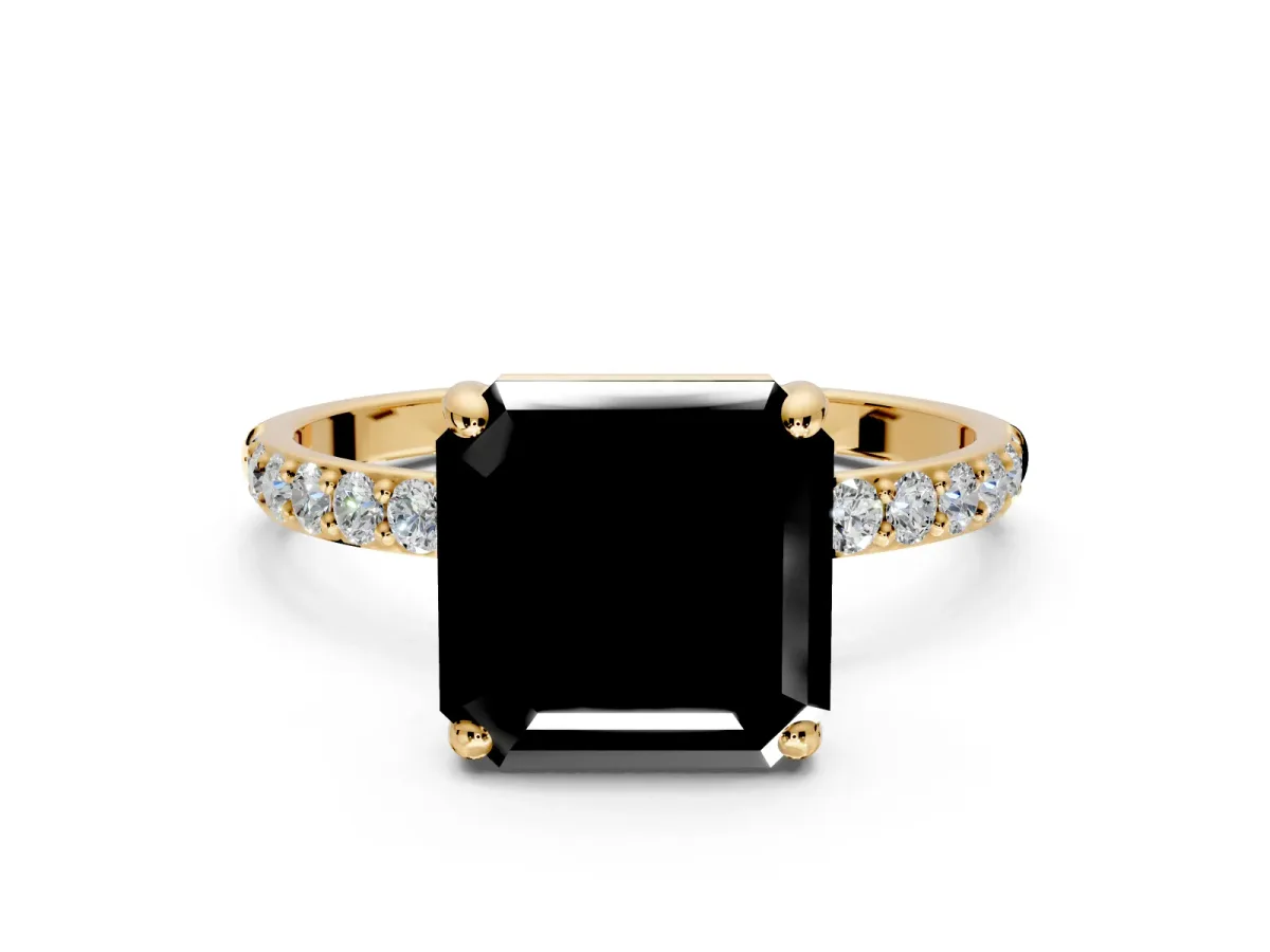 Solitaire Engagement Ring Setting for Fancy Black Asscher Cut Center with Pave Accents and Prong Head in Yellow Gold