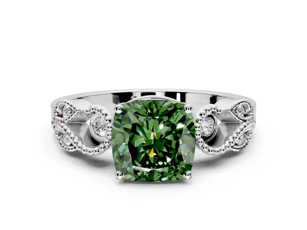 Leaf Engagement Ring Setting for Fancy Green Cushion Cut Center with Milgrain Accent Band and Prong Head in Platinum