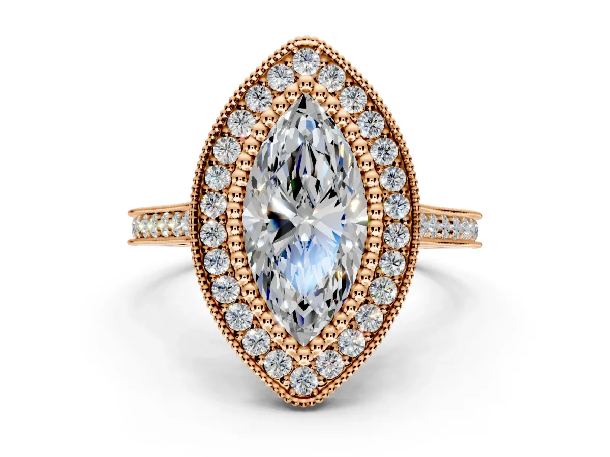 Halo Engagement Ring Setting for Marquise Center with Milgrain Frame, Pave Band and Prong Head in Rose Gold