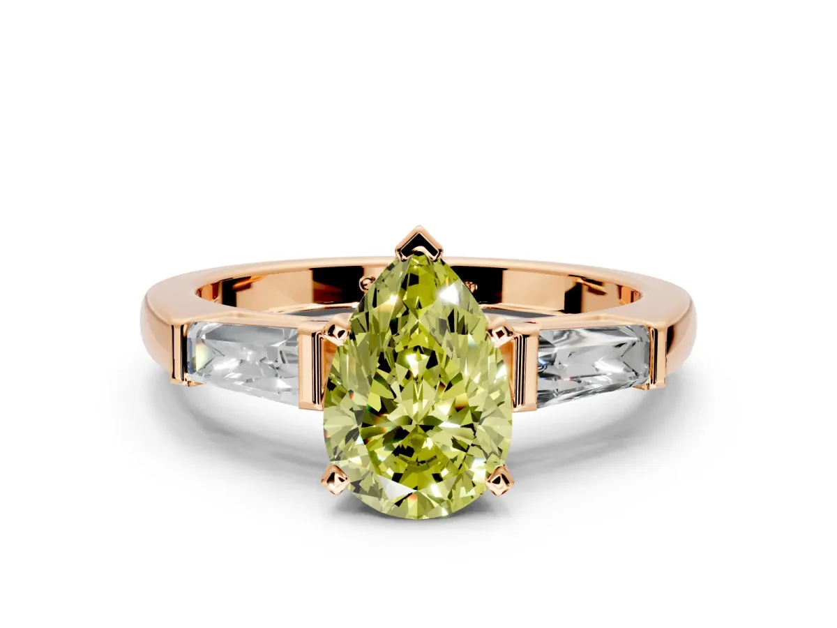 3 Stone Engagement Ring Setting for Fancy Yellow Pear-Shaped Center with Tapered Baguettes, Plain Band and Prong Head in Rose Gold