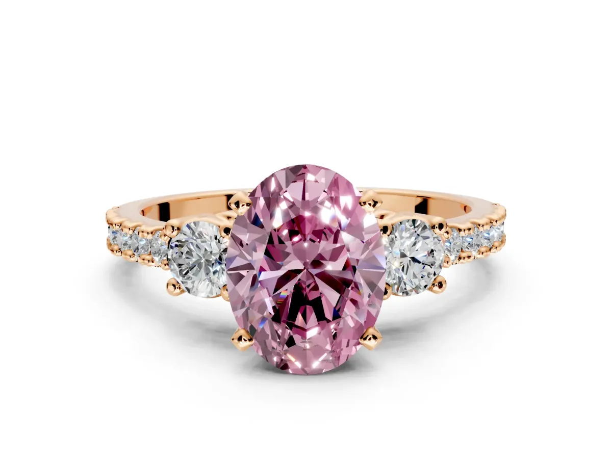 3 Stone Engagement Ring Setting for Fancy Pink Oval Center with Round Cut Side Accents and Prong Head in Rose Gold