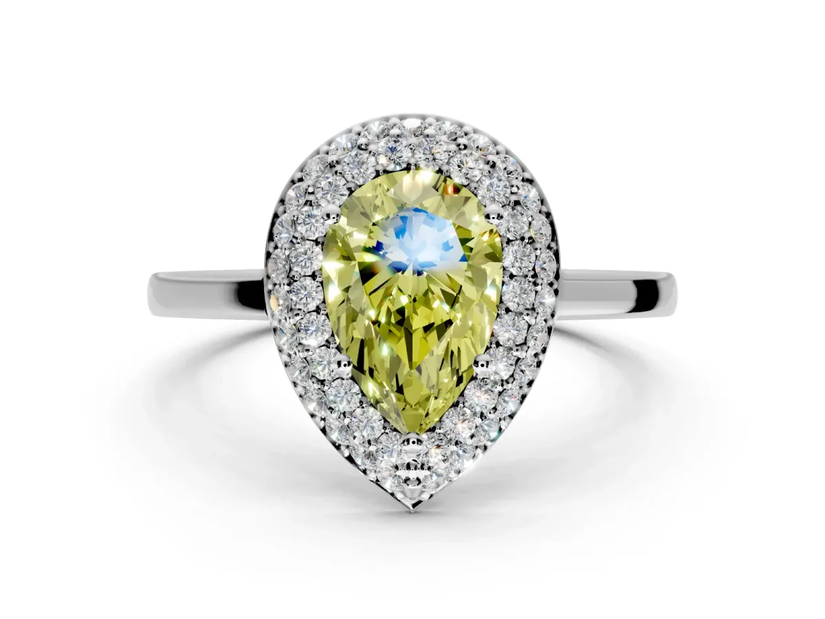 Halo Engagement Ring Setting for Fancy Yellow Pear-Shaped Center with Plain Tapered Band and Prong Head in Platinum