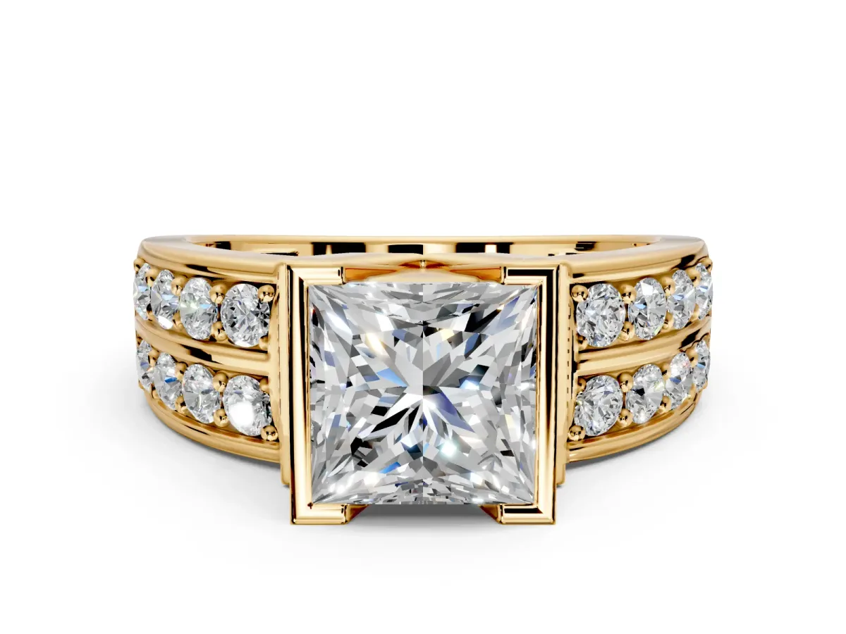 Bezel Engagement Ring Setting for Princess Cut Center with Wide Channel-Set Band and Bezel Head in Yellow Gold