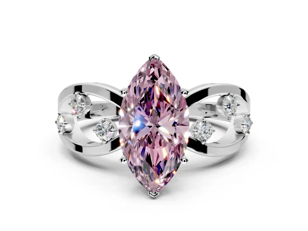 Solitaire Engagement Ring Setting for Fancy Pink Marquise Center with Criss-Cross Accent Band and Prong Head in White Gold