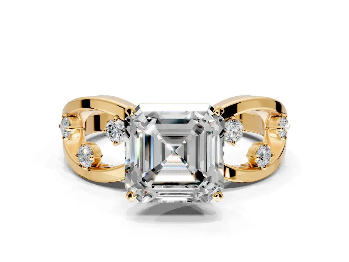 Solitaire Engagement Ring Setting for Asscher Cut Center with Criss-Cross Accent Band and Prong Head in Yellow Gold