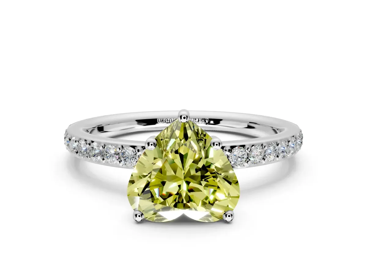 Solitaire Engagement Ring Setting for Fancy Yellow Heart-Shaped Center with Fine Pave Band and Prong Head in Platinum