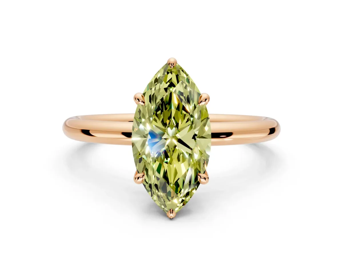 Hidden Halo Engagement Ring Setting for Fancy Yellow Marquise Center with Thin Rounded Band and Prong Head in Rose Gold