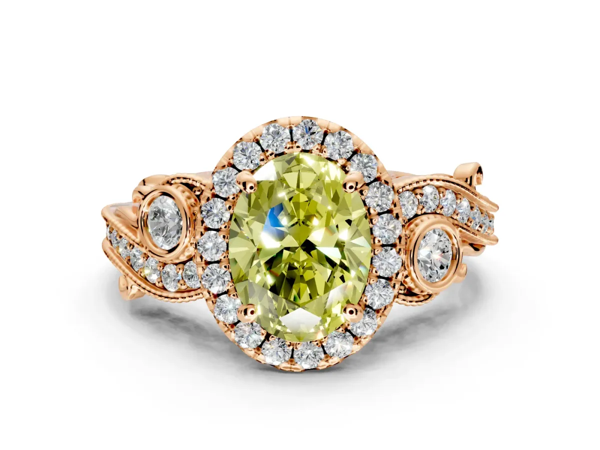 Milgrain Halo Engagement Ring Setting for Fancy Yellow Oval Center with Shoulder Bezels and Prong Head in Rose Gold