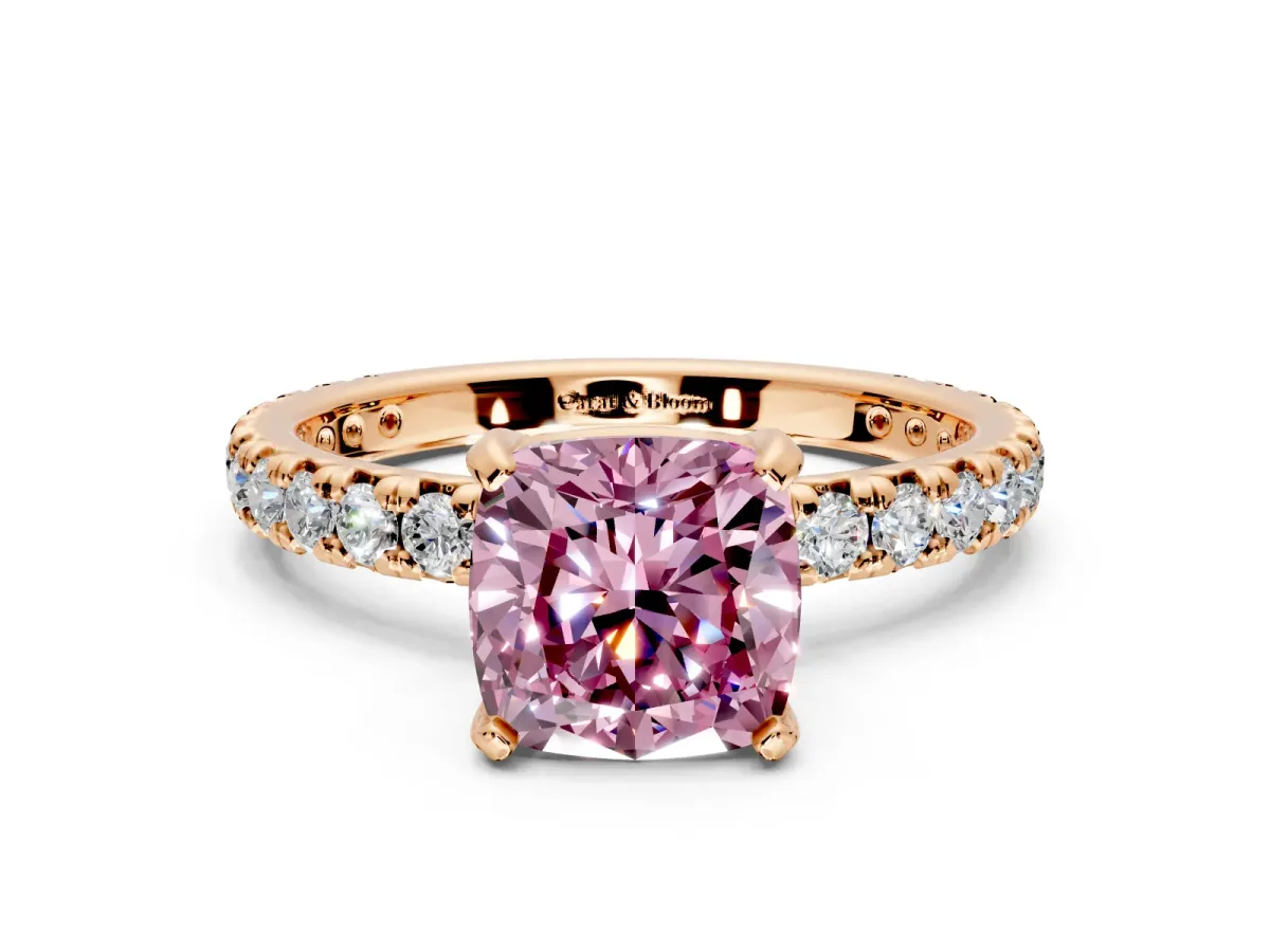 Solitaire Engagement Ring Setting for Fancy Pink Cushion Cut Center with Shared-Prong Accents and Prong Head in Rose Gold