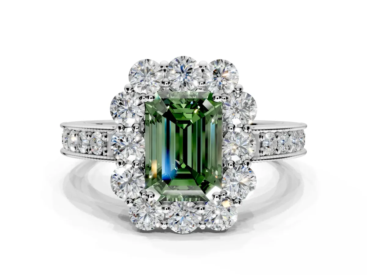 Halo Engagement Ring Setting for Fancy Green Emerald Cut Center with Milgrain Channel Band and Prong Head in White Gold