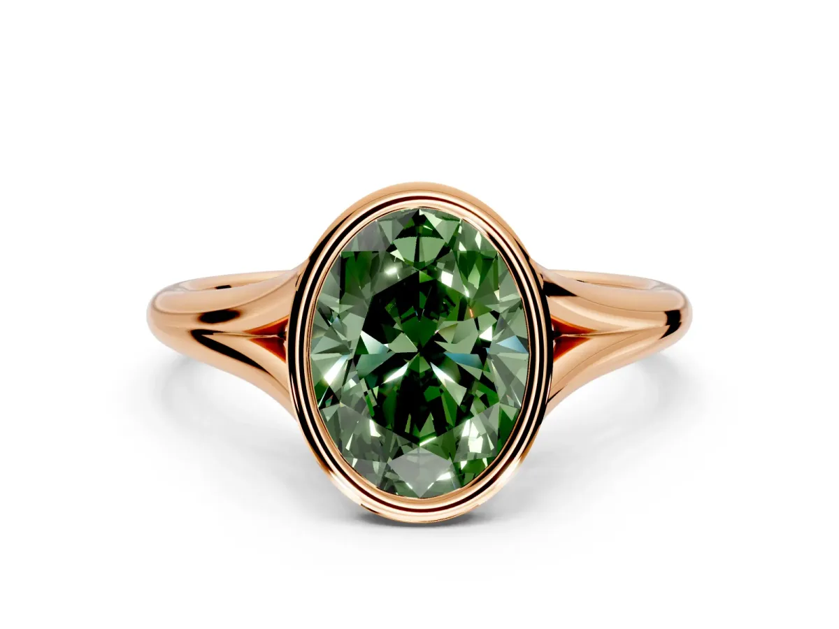Solitaire Engagement Ring Setting for Fancy Green Oval Center with V Split Shank and Bezel Head in Rose Gold