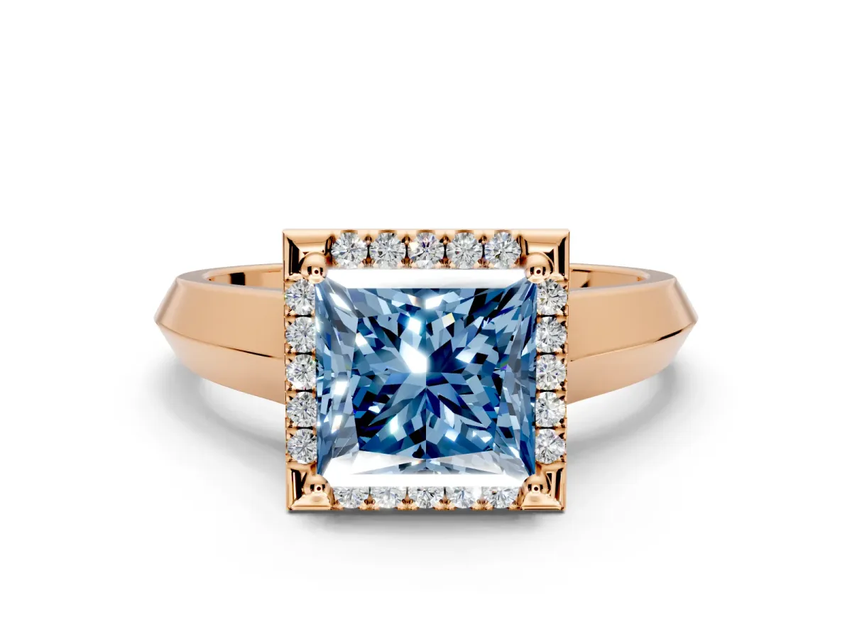 Halo Engagement Ring Setting for Fancy Blue Princess Cut Center with Knife Ridge Cathedral Band and Prong Head in Rose Gold