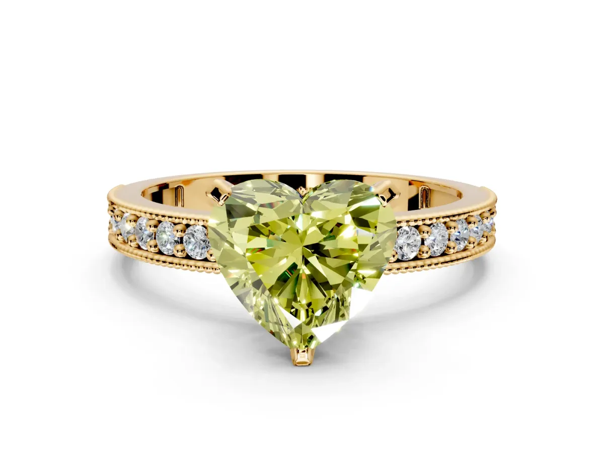 Milgrain Pave Engagement Ring Setting for Fancy Yellow Heart-Shaped Center with Accent Band and Prong Head in Yellow Gold