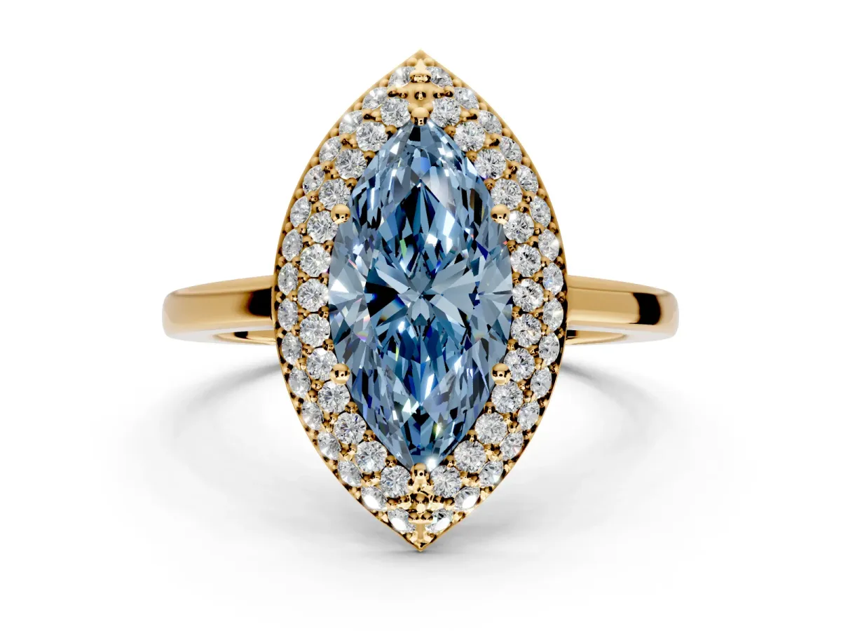 Halo Engagement Ring Setting for Fancy Blue Marquise Center with Plain Tapered Band and Prong Head in Yellow Gold