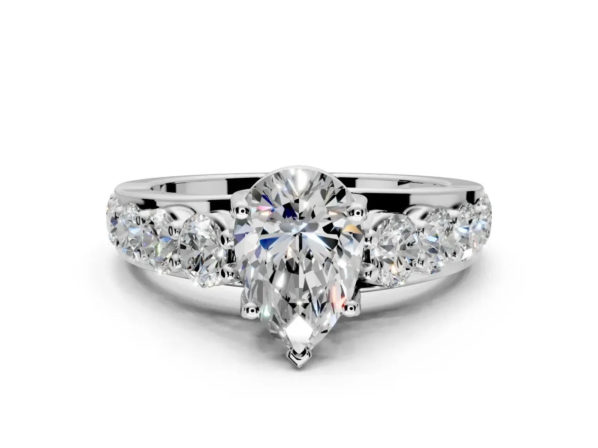 Solitaire Engagement Ring Setting for Pear-Shaped Center with Graduated Shared Prongs and Prong Head in Sterling Silver