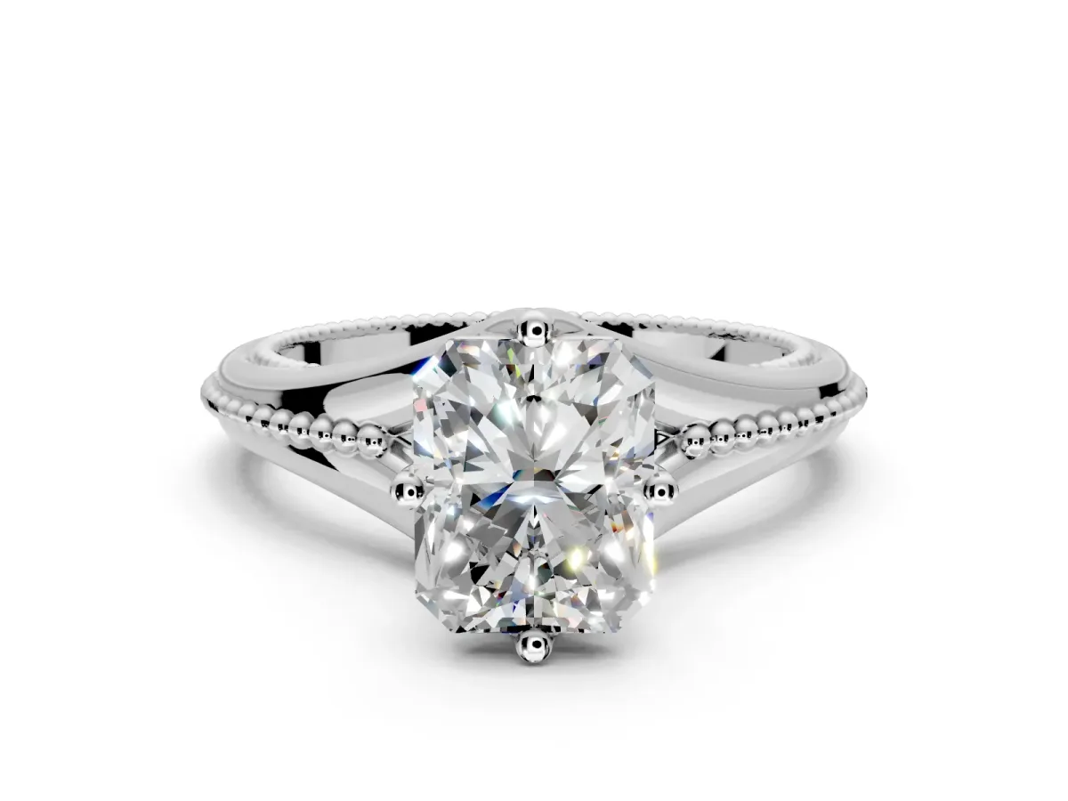 Solitaire Engagement Ring Setting for Radiant Cut Center with Milgrain Cathedral Band and Prong Head in Platinum
