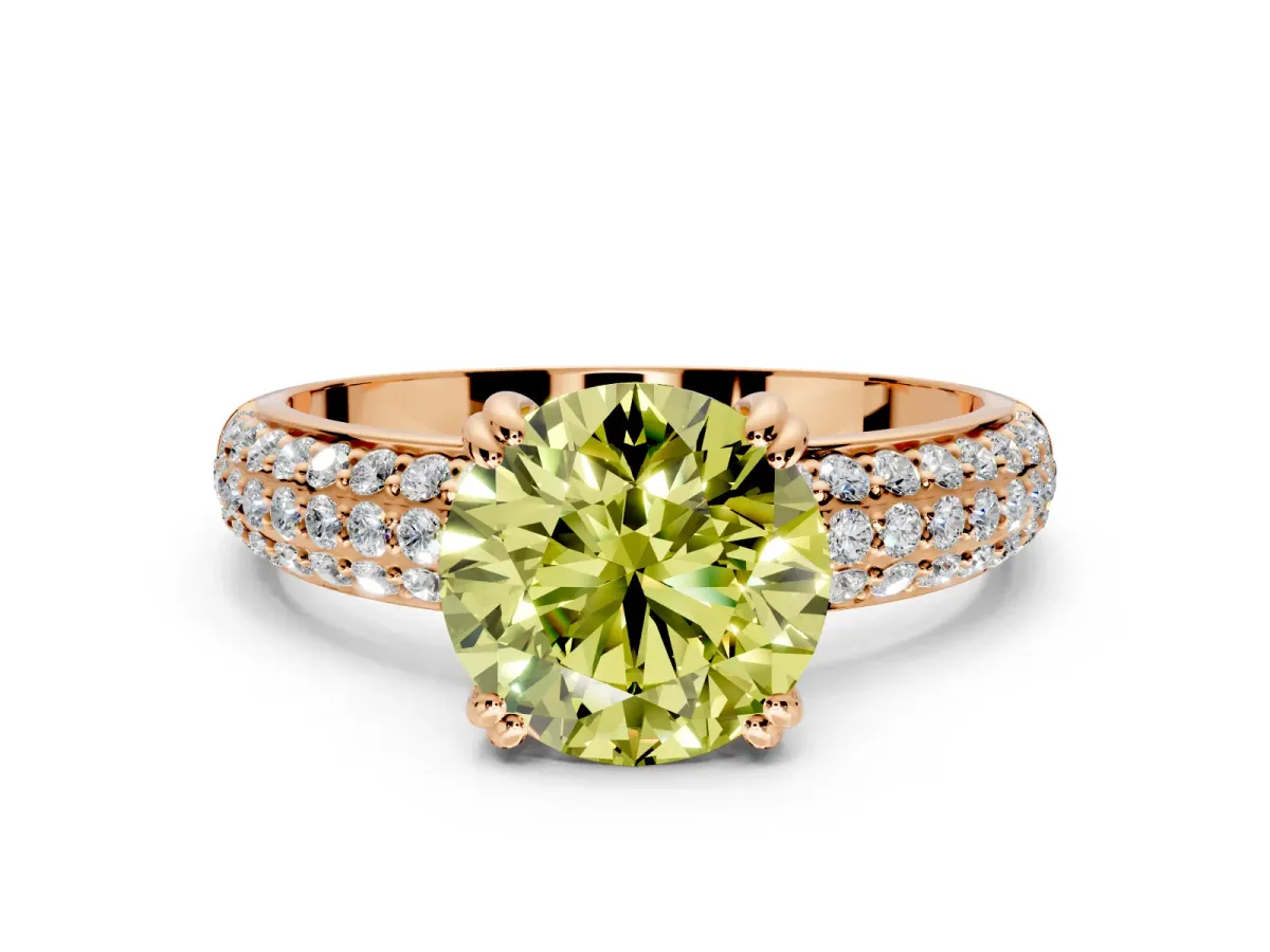 Solitaire Engagement Ring Setting for Fancy Yellow Round Cut Center with Multi-Row Pave Accents and Basket Head in Rose Gold
