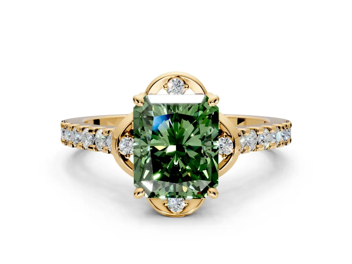Floral Engagement Ring Setting for Fancy Green Radiant Cut Center with Pave Band and Floral Prong Head in Yellow Gold