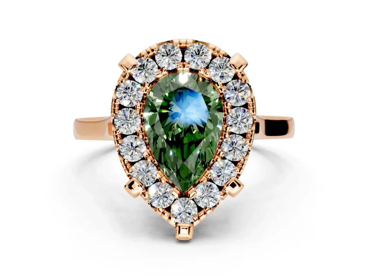 Single Halo Engagement Ring Setting for Fancy Green Pear-Shaped Center with Corner Claws, Plain Band and Prong Head in Rose Gold