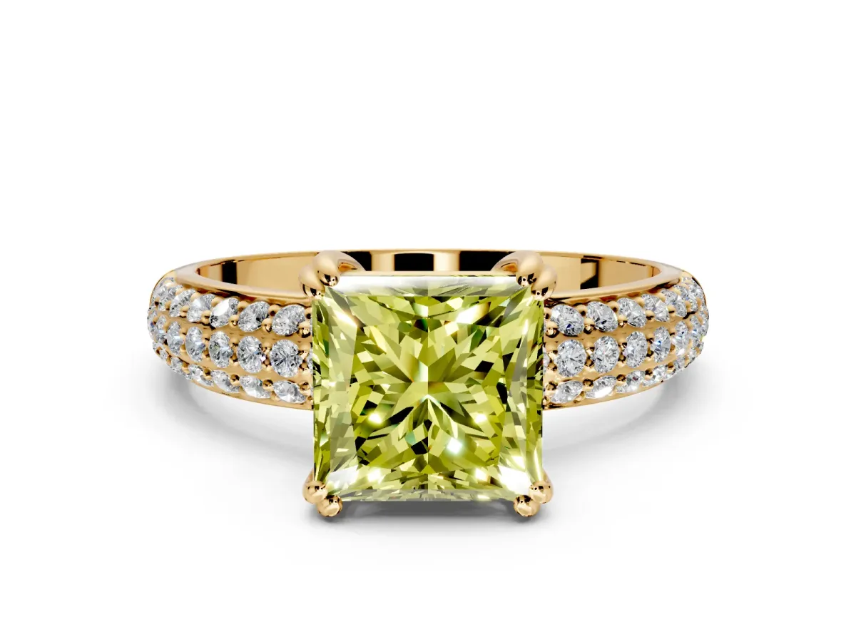 Solitaire Engagement Ring Setting for Fancy Yellow Princess Cut Center with Multi-Row Pave Accents and Basket Head in Yellow Gold