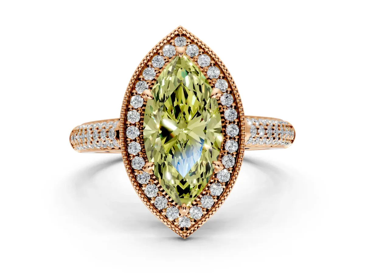 Milgrain Halo Engagement Ring Setting for Fancy Yellow Marquise Center with Three-Sided Pave Band and Prong Head in Rose Gold