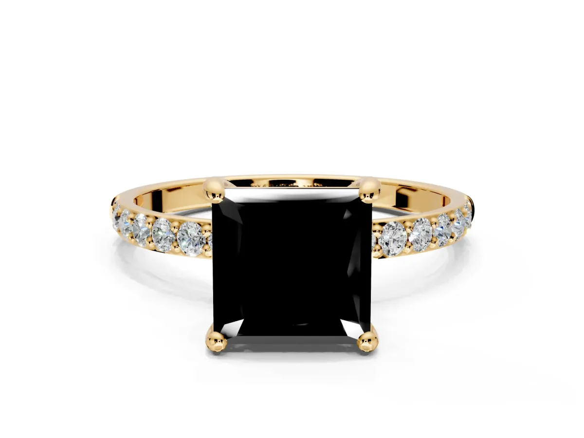 Solitaire Engagement Ring Setting for Fancy Black Princess Cut Center with Pave Accents and Prong Head in Yellow Gold
