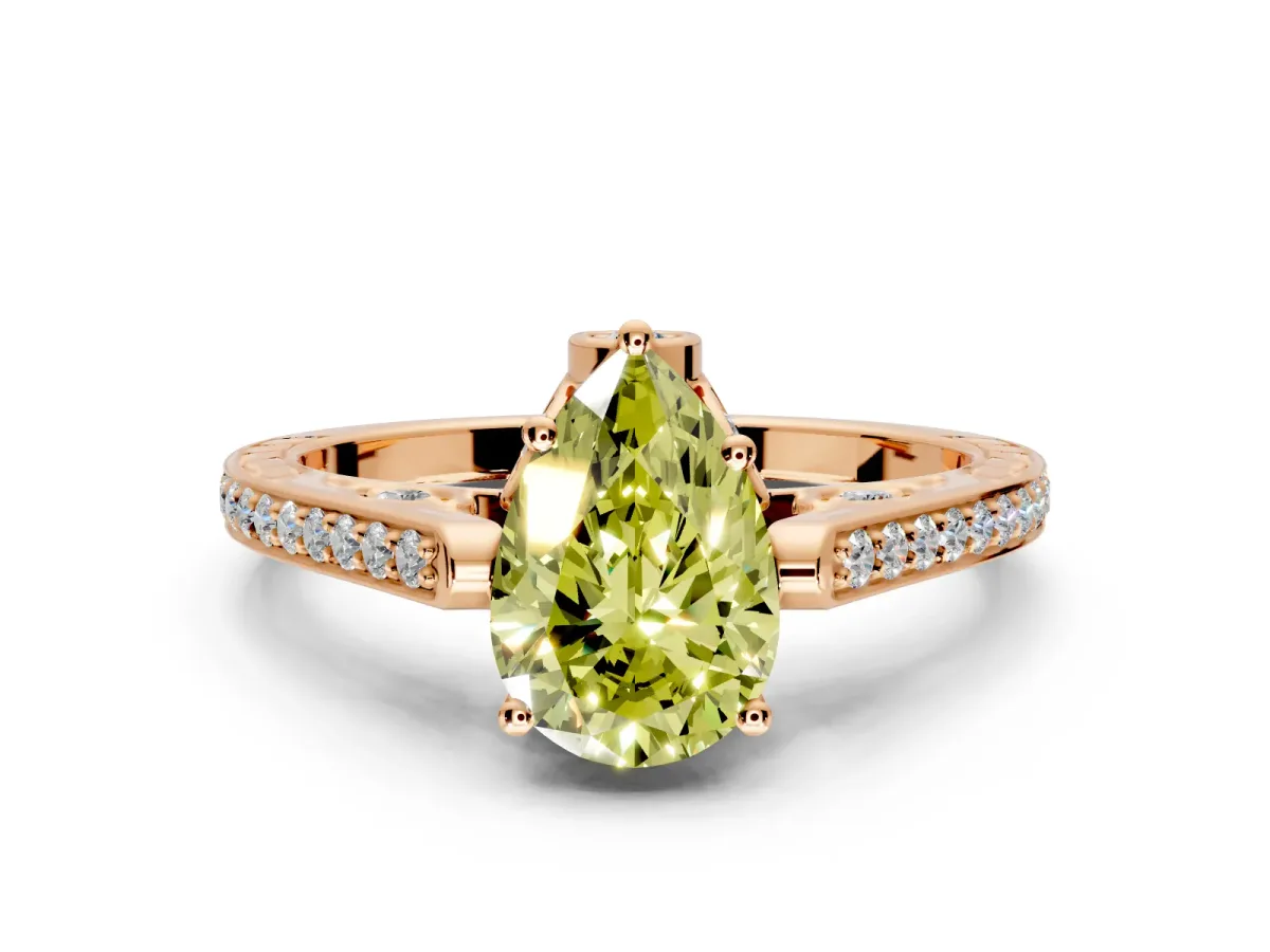 Cathedral Engagement Ring Setting for Fancy Yellow Pear-Shaped Center with Antique-Style Pave Band and Prong Head in Rose Gold