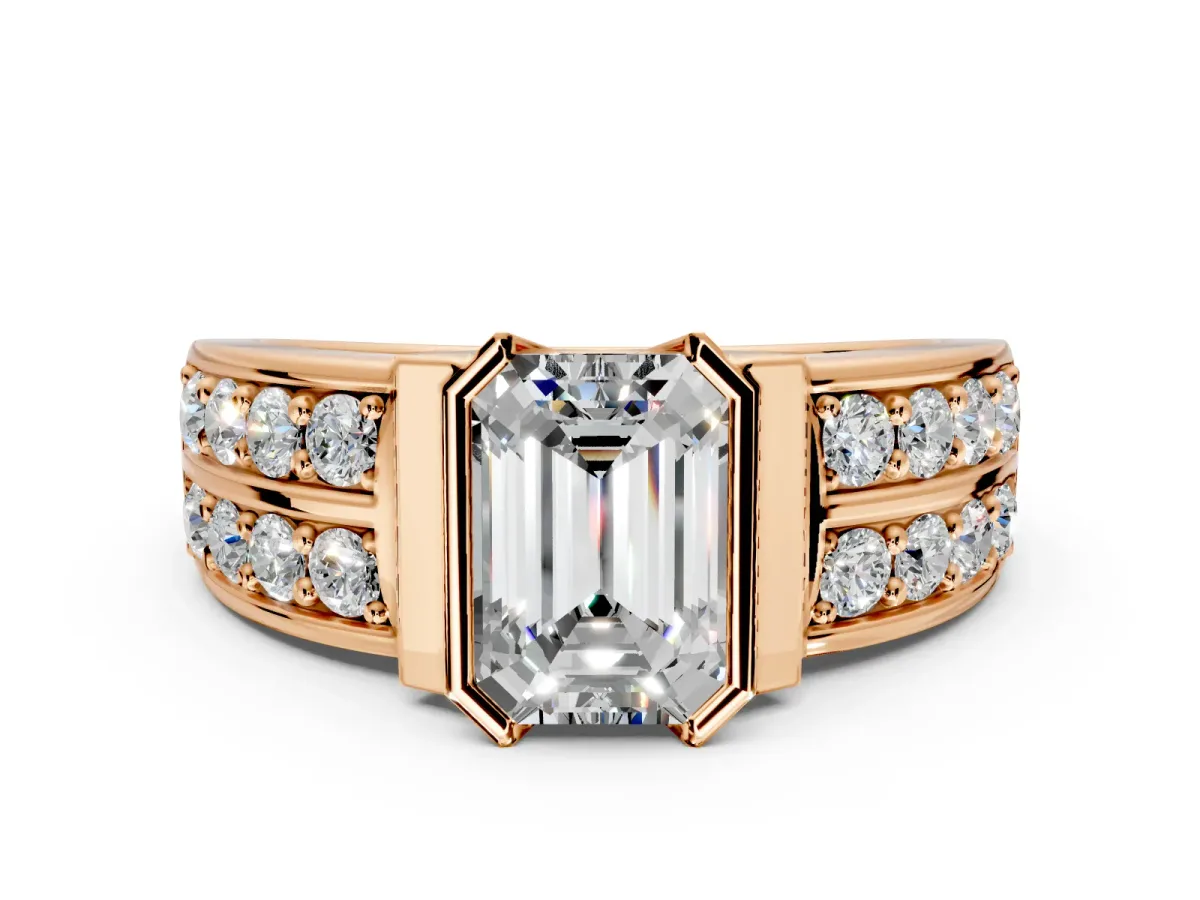 Bezel Engagement Ring Setting for Emerald Cut Center with Wide Channel-Set Band and Bezel Head in Rose Gold