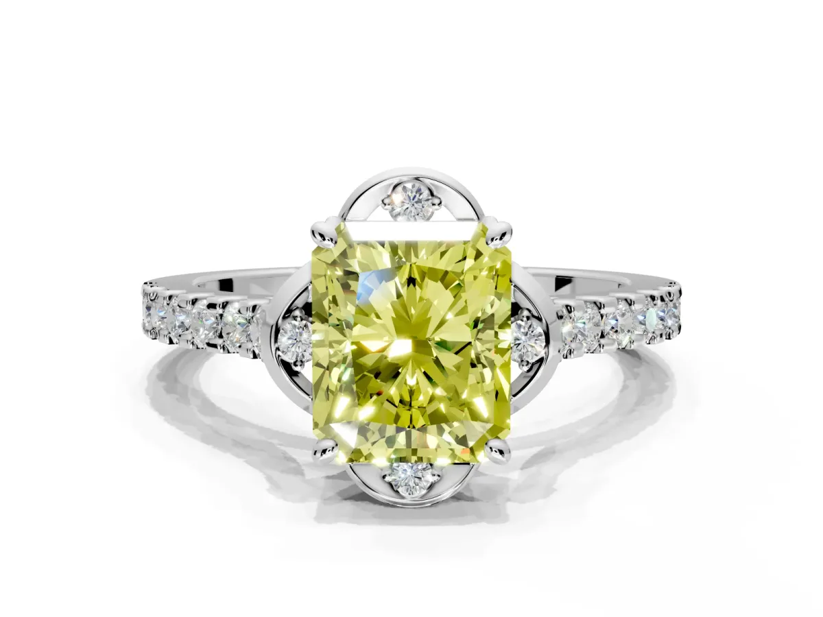 Floral Engagement Ring Setting for Fancy Yellow Radiant Cut Center with Pave Band and Floral Prong Head in Sterling Silver