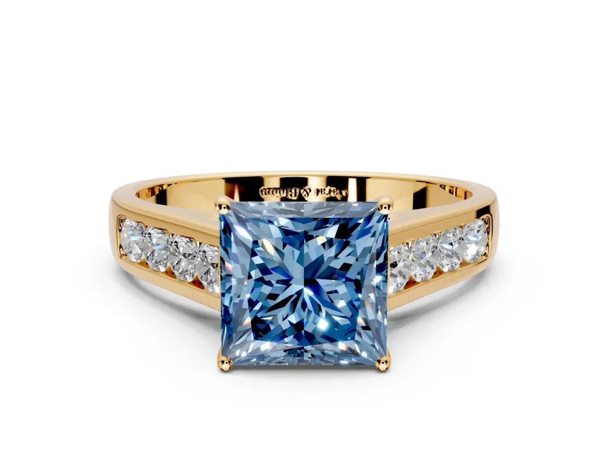 Solitaire Engagement Ring Setting for Fancy Blue Princess Cut Center with Cathedral Channel Band and Prong Head in Yellow Gold