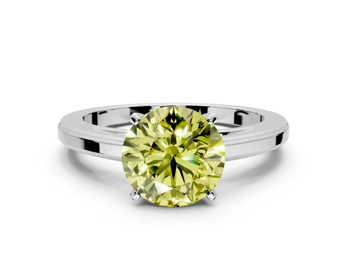 Solitaire Engagement Ring Setting for Fancy Yellow Round Cut Center with Flat-Sided Plain Band and Prong Head in Platinum