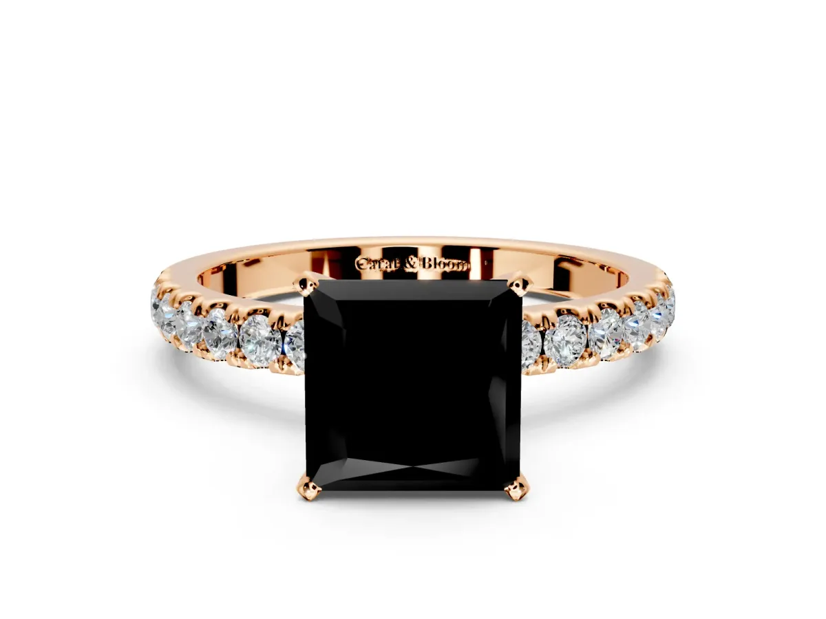 Open Basket Engagement Ring Setting for Fancy Black Princess Cut Center with Pave Band and Prong Head in Rose Gold