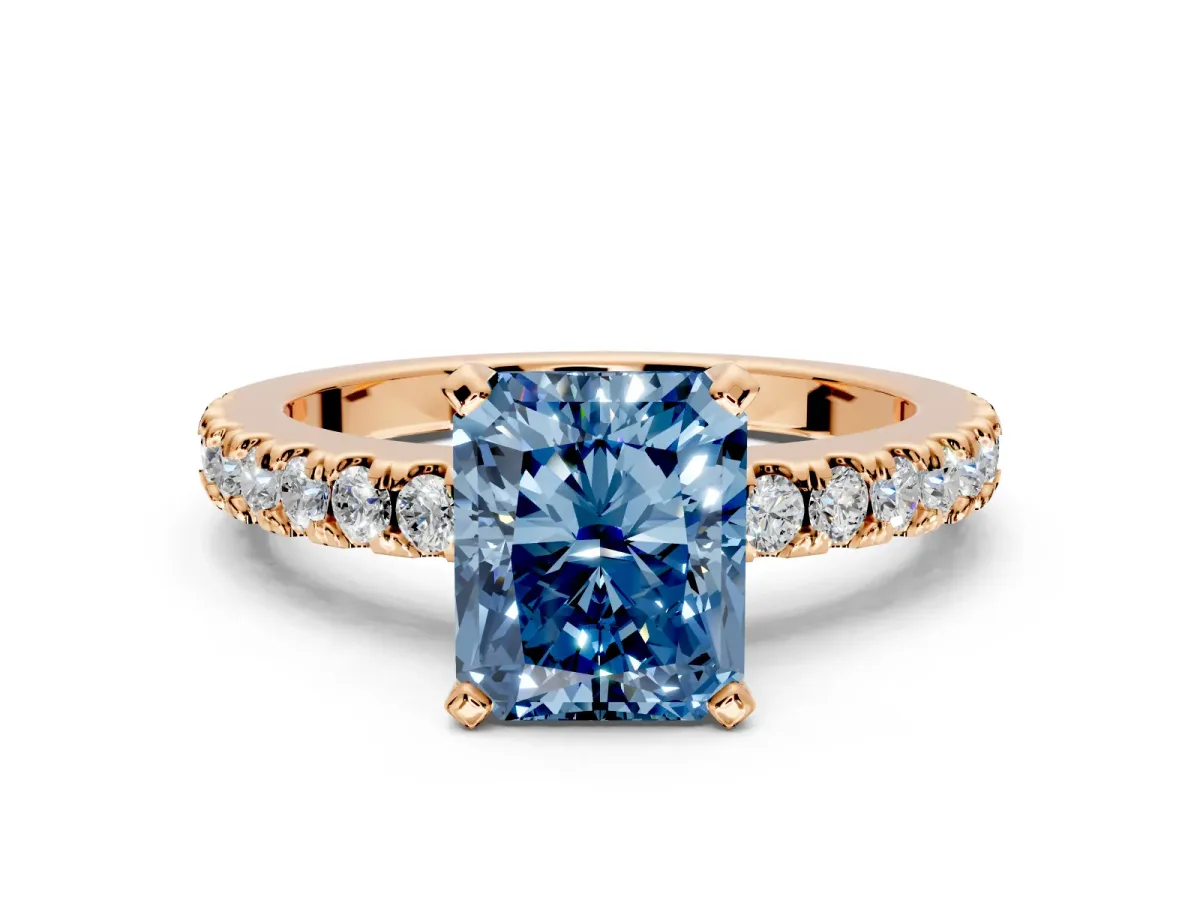 Solitaire Engagement Ring Setting for Fancy Blue Radiant Cut Center with Single Row Accent Band and Prong Head in Rose Gold